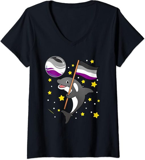 Womens Orca In Space Asexual Pride V-Neck T-Shirt