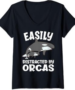 Womens Easily Distracted By Orcas Funny Orca V-Neck T-Shirt