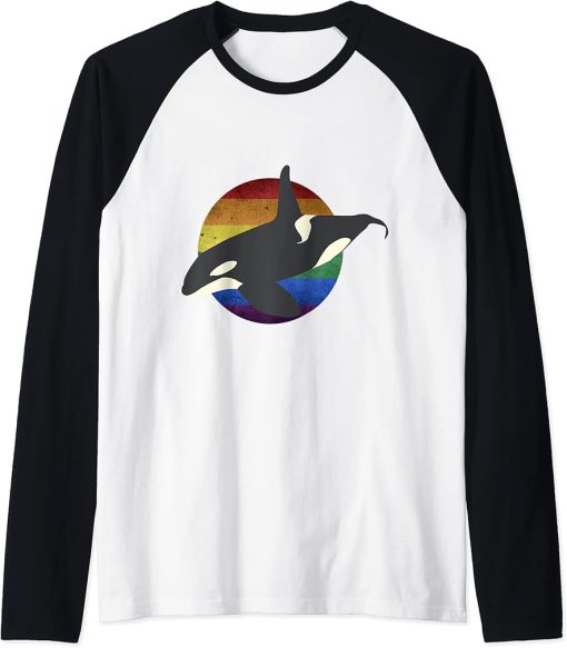 Rainbow Orca Killer Whale Earth Activist Marine Biologist Raglan Baseball Tee