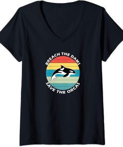 Womens Retro Vintage Killer Whale | Breach The Dams Save The Orcas V-Neck T-Shirt