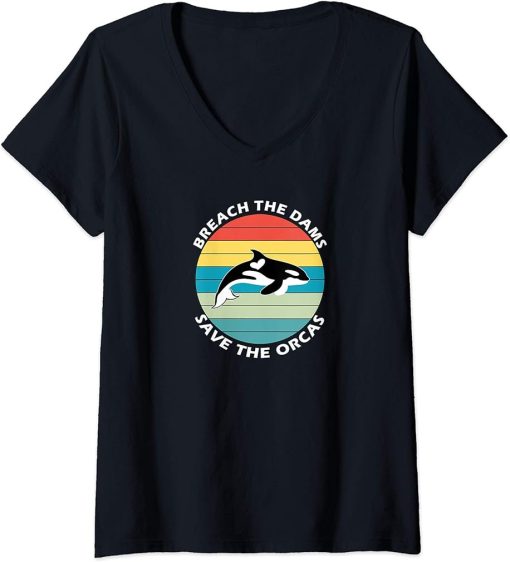 Womens Retro Vintage Killer Whale | Breach The Dams Save The Orcas V-Neck T-Shirt