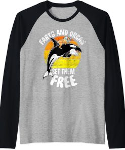 Farts And Orcas Set Them Free - Frenchie Orca Killer Whale Raglan Baseball Tee