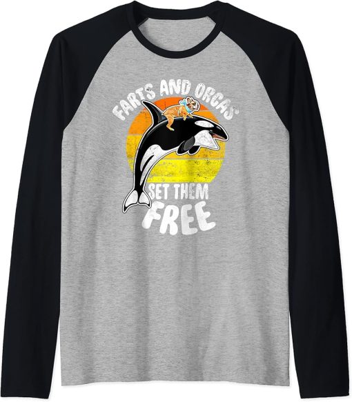 Farts And Orcas Set Them Free - Frenchie Orca Killer Whale Raglan Baseball Tee